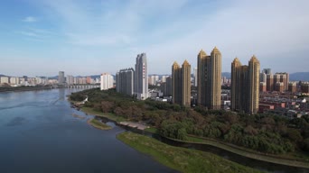 旅拍风景,美景,城市,高楼,树木,河流,全景