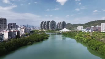 旅拍风景,配音,高楼,树木,河流,全景