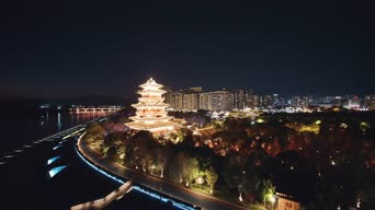旅拍风景,夜景,高楼,树木,古塔,城市,全景