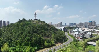 旅拍风景,配音,高楼,树木,公寓,古塔,全景