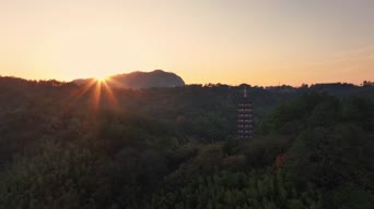 旅拍风景,夕阳,美景,树木,植物,古塔,山峰,全景
