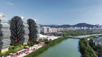 旅拍风景,美景,城市,树木,高楼,植物,河流,全景