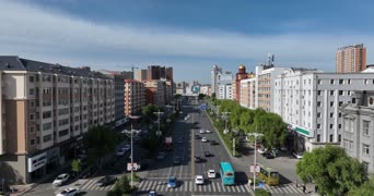 旅拍风景,城市,美景,高楼,公共汽车,街道,全景